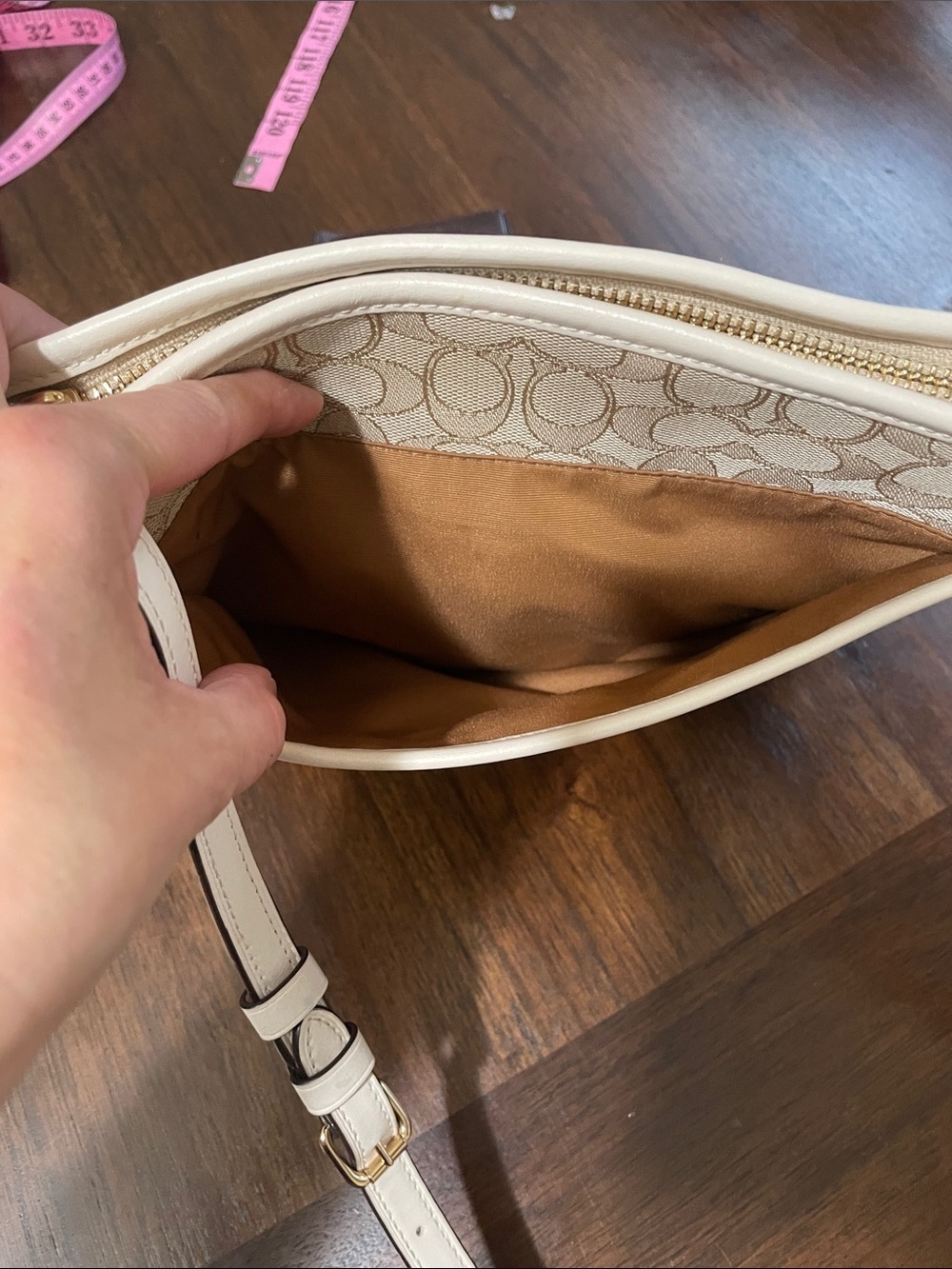 Coach Beige Signature Crossbody Bag - Neutral Canvas Shoulder Purse - Picture 8 of 12